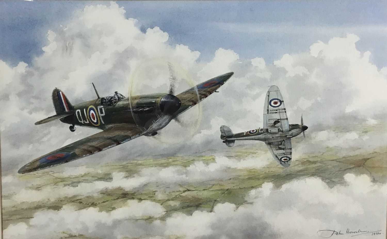 Lot 186 - John Howell, watercolour - Spitfires of 92 Squadron, 1941, signed and dated 1984, 25cm x 36cm, in glazed gilt frame