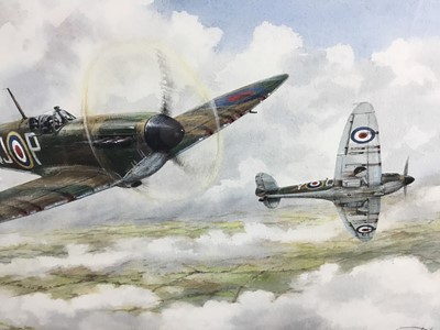 Lot 186 - John Howell, watercolour - Spitfires of 92 Squadron, 1941, signed and dated 1984, 25cm x 36cm, in glazed gilt frame