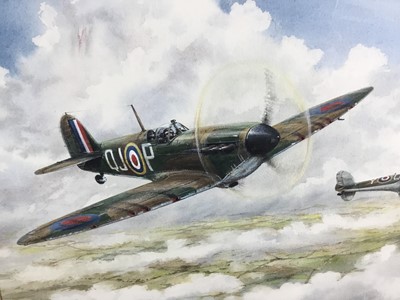 Lot 186 - John Howell, watercolour - Spitfires of 92 Squadron, 1941, signed and dated 1984, 25cm x 36cm, in glazed gilt frame
