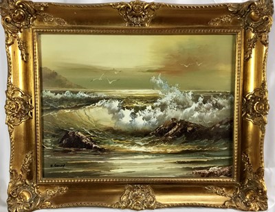 Lot 192 - H. Gailey, contemporary, oil on canvas - waves breaking on the shore, signed, 29cm x 39cm, in gilt frames