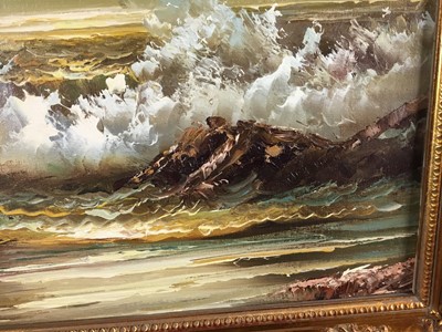 Lot 192 - H. Gailey, contemporary, oil on canvas - waves breaking on the shore, signed, 29cm x 39cm, in gilt frames