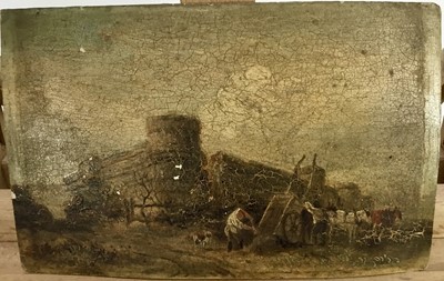Lot 194 - Mid 19th century, East Anglian School, oil on board - figure unloading a cart before ruins, 13cm x 20.5cm, unframed
