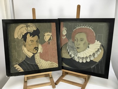 Lot 238 - Pair of decorative oils on panel - portraits of Elizabeth I and most likely Robert Dudley, Earl of Leicester, 51cm square, framed