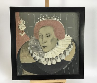 Lot 238 - Pair of decorative oils on panel - portraits of Elizabeth I and most likely Robert Dudley, Earl of Leicester, 51cm square, framed