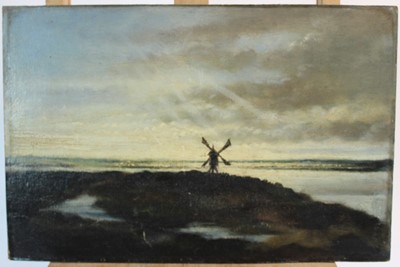 Lot 223 - Manner of Thomas Churchyard oil on board - an East Anglian view with a windmill 1847, 39cm x 26cm, unframed.