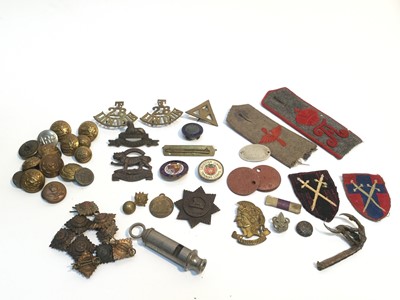 Lot 705 - First World War On War Service 1914 badge, Artists Rifles cap badges, dog tag, military buttons, bullet cases, two Second World War A.R.P. Whistles and sundry militaria.