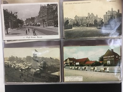 Lot 1402 - Postcards in album Barnet and North London.  Real photographic cards include various scenes from Barnet Fair 1903, animated street scenes, 1908 House Fire, 1907 First Electric Tram to run in Barnet...