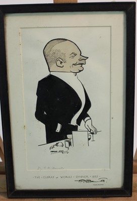 Lot 226 - Fred May (1881-1976) cartoon - Mr T P Bennett, Chairman, The Clerks of Works Dinner 1935, signed, in glazed frame.
