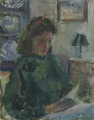 Lot 228 - Prue Sapp (1928-2013) oil on canvas - portrait of a young woman reading, signed, 41cm x 51cm unframed.