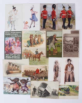 Lot 1403 - Postcard in album, mixed themes including artist drawn Glamour, advertising, Harry Payne military, Real Photographic social history - tradesmen, workmens, crowds, Blacksmiths, Shop fronts, Wreck of...