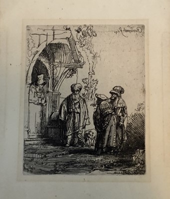 Lot 271 - 19th century Rembrandt reverse etching - Three Oriental Figures, image 14.5cm x 11.5cm, sheet 25cm x 17cm and an antique Durer etching of two figures, image 12cm x 7.5cm, sheet 18cm x 11cm, both un...