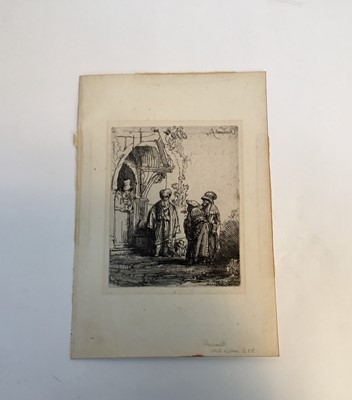 Lot 271 - 19th century Rembrandt reverse etching - Three Oriental Figures, image 14.5cm x 11.5cm, sheet 25cm x 17cm and an antique Durer etching of two figures, image 12cm x 7.5cm, sheet 18cm x 11cm, both un...