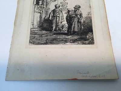 Lot 271 - 19th century Rembrandt reverse etching - Three Oriental Figures, image 14.5cm x 11.5cm, sheet 25cm x 17cm and an antique Durer etching of two figures, image 12cm x 7.5cm, sheet 18cm x 11cm, both un...