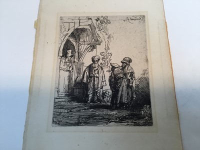 Lot 271 - 19th century Rembrandt reverse etching - Three Oriental Figures, image 14.5cm x 11.5cm, sheet 25cm x 17cm and an antique Durer etching of two figures, image 12cm x 7.5cm, sheet 18cm x 11cm, both un...