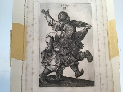 Lot 271 - 19th century Rembrandt reverse etching - Three Oriental Figures, image 14.5cm x 11.5cm, sheet 25cm x 17cm and an antique Durer etching of two figures, image 12cm x 7.5cm, sheet 18cm x 11cm, both un...