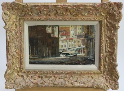 Lot 282 - John Heseltine (1923-2016) oil on board - Venetian Canal, signed, 13cm x 21cm, in gilt frame