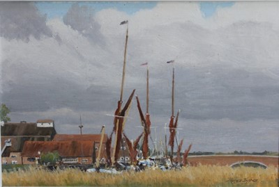 Lot 283 - Roger Fisher (1919-1992) oil on board - Snape Maltings, signed, 19cm x 29cm, in gilt frame