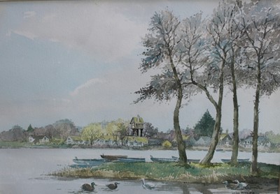 Lot 286 - George W. Miller (1919-1990) watercolour - Thorpeness Mere, signed, 24cm x 34cm, in glazed gilt frame