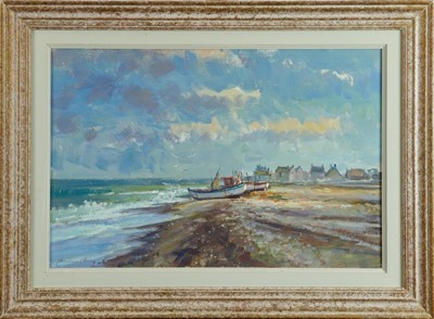 Lot 1157 - *Andrew King (b.1956) oil on board - Morning Light, Aldeburgh Beach, signed, 40cm x 60cm, framed 
Provenance: Thompson's Gallery, Aldeburgh