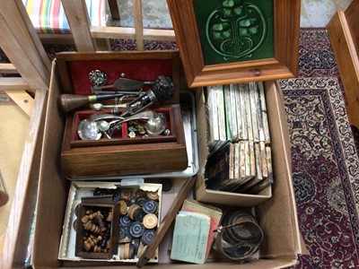 Lot 598 - Sundry items, including costume jewellery in box, silver spoons, Victorian tiles and other items (1 box)