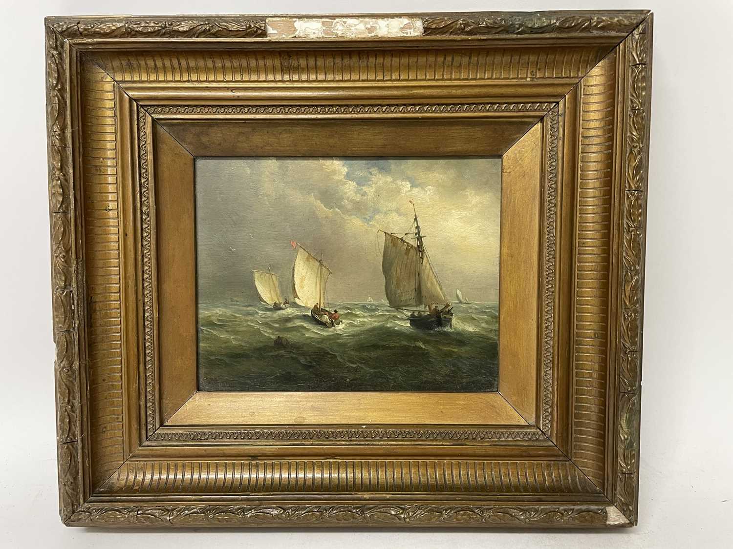 Lot 1275 - John Moore of Ipswich (1820-1902) oil on panel, Vessels at sea, signed, 18cm x 23cm, framed