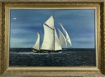 Lot 343 - Kenneth Baldwin, oil on board, Sailing barges off Dover, signed, dated '87 and inscribed as titled, 57 x 72cm, glazed frame