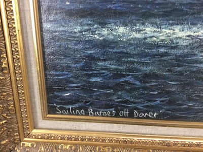 Lot 343 - Kenneth Baldwin, oil on board, Sailing barges off Dover, signed, dated '87 and inscribed as titled, 57 x 72cm, glazed frame