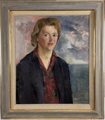 Lot 344 - English School, mid 20th century, oil on canvas, half length portrait of a woman, signed and dated PL 1965, 61 x 51cm, framed