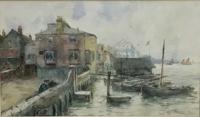 Lot 352 - George Charles Francis (1860-?) two watercolours - Harbour view, 27cm x 45cm and figures at market, 25cm x 48cm, both in glazed frames