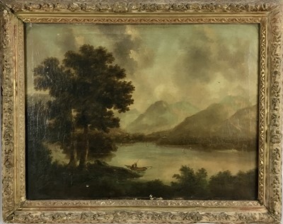 Lot 360 - English School, 19th century, oil on canvas - extensive lake landscape, 45cm x 60cm, in gilt frame