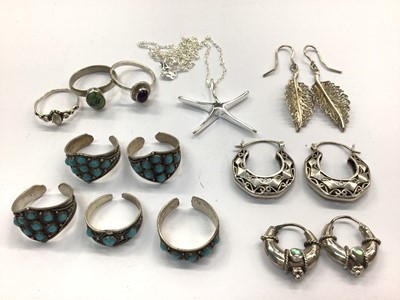 Lot 688 - Group of silver and white metal gem set rings, earrings and starfish pendant necklace