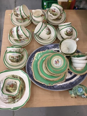 Lot 488 - Copeland Spode hunting series teaset, Paragon porcelain tea set, a Royal Doulton porcelain figure Ascot, and a willow pattern meat plate.