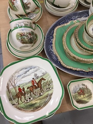 Lot 488 - Copeland Spode hunting series teaset, Paragon porcelain tea set, a Royal Doulton porcelain figure Ascot, and a willow pattern meat plate.