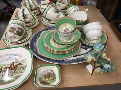 Lot 488 - Copeland Spode hunting series teaset, Paragon porcelain tea set, a Royal Doulton porcelain figure Ascot, and a willow pattern meat plate.