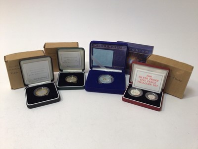 Lot 433 - World - Mixed silver proof coins to include G.B. Five Pence two coin set 1990, Rugby World Cup £2 1999 x 2 (N.B. To include 1 Piedfort), Millenium Crown 2000 and New Zealand Rugby World Cup Five Do...