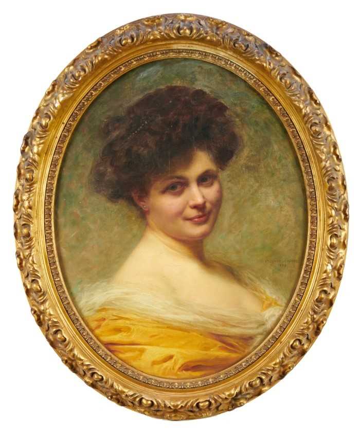 Lot 1096 - Edouard Cabane 1857-1942 oil on canvas portrait, oval, signed and dated