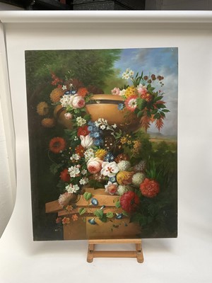 Lot 222 - 19th century style oil on board, still life of flowers in a pedestal vase