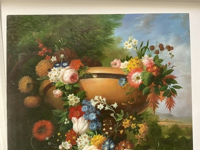 Lot 222 - 19th century style oil on board, still life of flowers in a pedestal vase