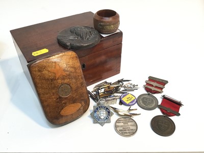 Lot 730 - Essex Constabulary badge, napkin ring constructed from a Jutland ship, Edwardian treen cigarette box set with a 1909 Farthing and sundries.