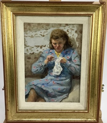 Lot 89 - Russian School oil on board - Woman doing embroidery 
Provenance collection of Roy Miles