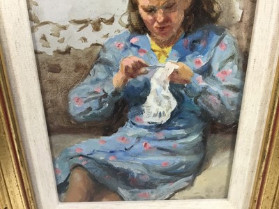 Lot 89 - Russian School oil on board - Woman doing embroidery 
Provenance collection of Roy Miles