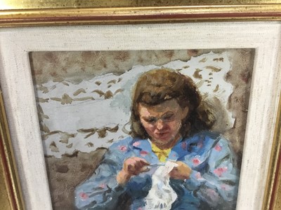 Lot 89 - Russian School oil on board - Woman doing embroidery 
Provenance collection of Roy Miles