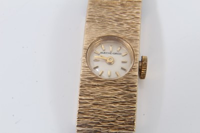 Lot 319 - Bueche- Girod 9ct gold ladies wristwatch on bark effect bracelet, in original case