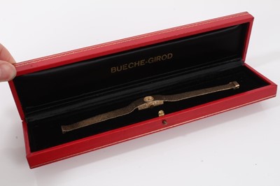 Lot 319 - Bueche- Girod 9ct gold ladies wristwatch on bark effect bracelet, in original case