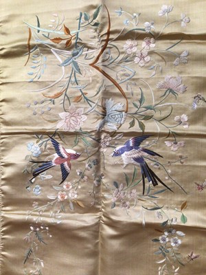 Lot 2185 - Chinese hand embroidered gold silk panel ( 48 x 140 cams approximately), with birds flowers and butterflies. Chinese red silk panel with hand embroidered garden scene and a Chinese embroidered silk...