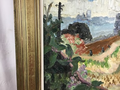 Lot 1082 - *Lucy Harwood (1893-1972) oil on canvas, landscape with telegraph poles, signed