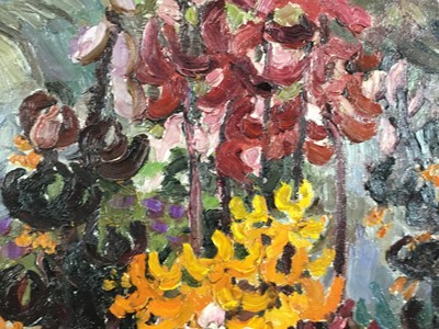 Lot 1081 - *Lucy Harwood (1893-1972) oil on canvas, Flowers in a garden, signed