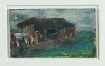 Lot 1086 - Harry Becker (1865-1928) oil on canvas board, Cattle by a shed