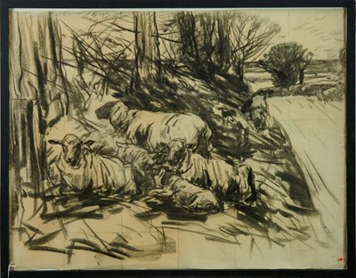 Lot 1028 - Harry Becker (1865-1928) charcoal, study of a farm labourer - Samson, study of sheep, a double sided work