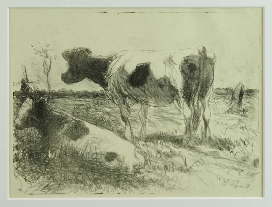 Lot 1089 - Harry Becker (1865-1928) lithograph, cows and windmill